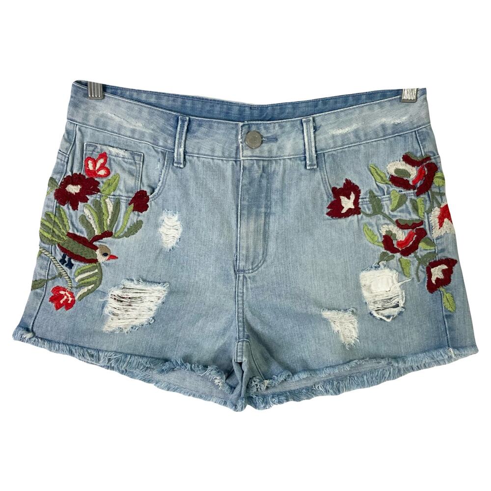 SHOULDER Shorts Women EU 40/W 34 Blue Denim Floral-Bird Embroidery Distress Rip
